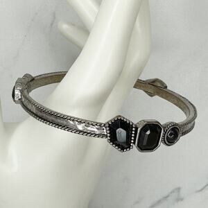 Chico's Black Faceted Stone Silver Tone Rope Edge Bangle Bracelet Statement ✨